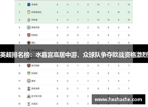 英超排名榜：水晶宫高居中游，众球队争夺欧战资格激烈