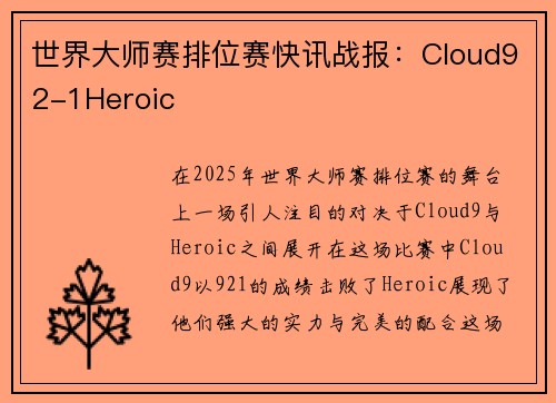 世界大师赛排位赛快讯战报：Cloud92-1Heroic