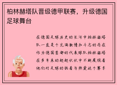 柏林赫塔队晋级德甲联赛，升级德国足球舞台